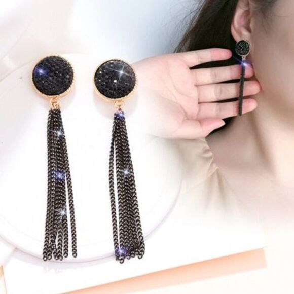 💎63💎 Modern Black Druzy with Long Black Chain Tassel Stud Earrings … - Picture 4 of 16